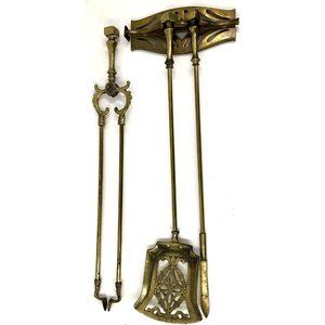 Vintage Solid Brass 4 Piece Fireplace Tool Set W/ Wall Mount Bronze Patina 26"